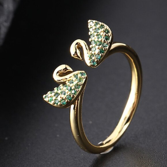 Gold Green Rhinestone Swan Ring - Picture 2 of 2